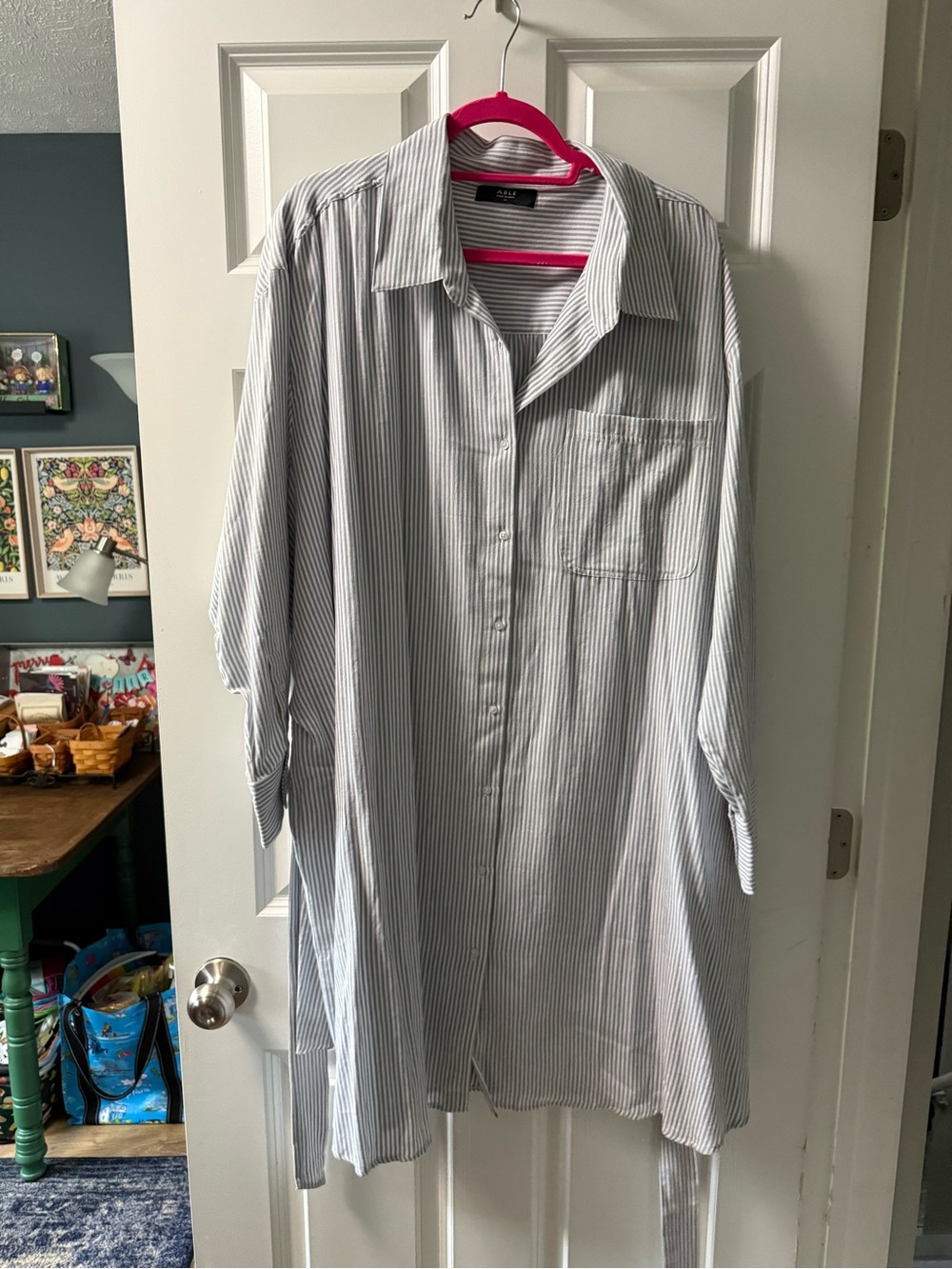 ABLE Narrow Stripe Button-Down Shirtdress in White and Light Gray
